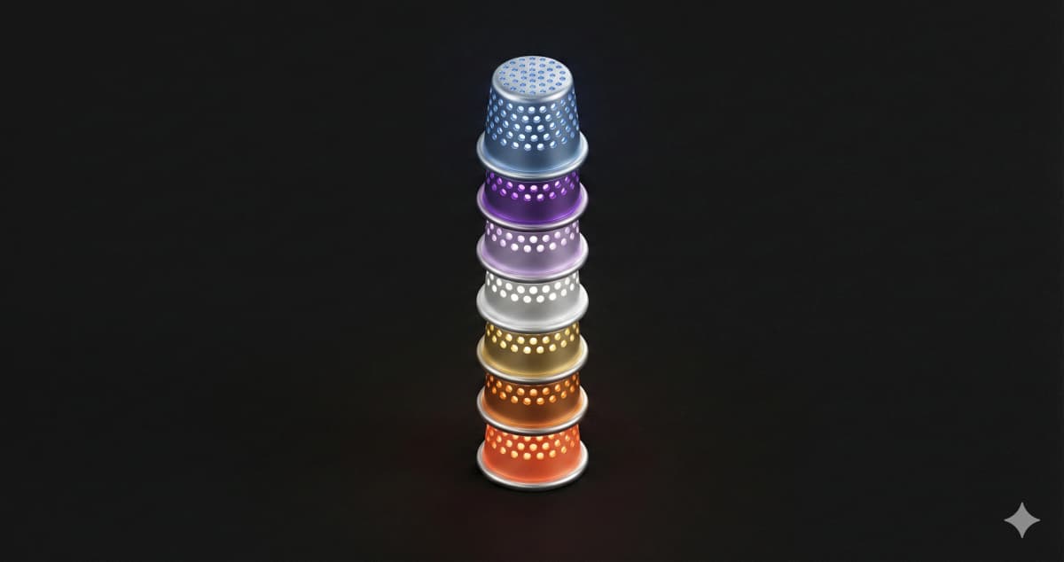 Seven colorful thimbles stacked like a tower representing the layers of a GLP-1 telehealth technology stack