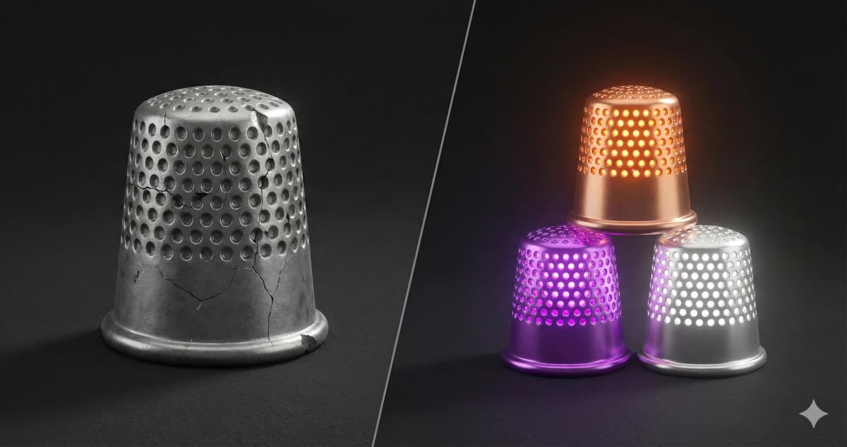 A cracked monolithic thimble contrasted with three glowing modular thimbles, representing platform architecture choices