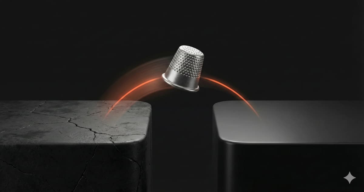 A thimble mid-flight between a cracked old platform and a polished new one, representing a seamless telehealth platform migration